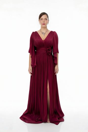 Abito da sera plissettato bordeaux con scollo a V e dettaglio in vita taglie forti